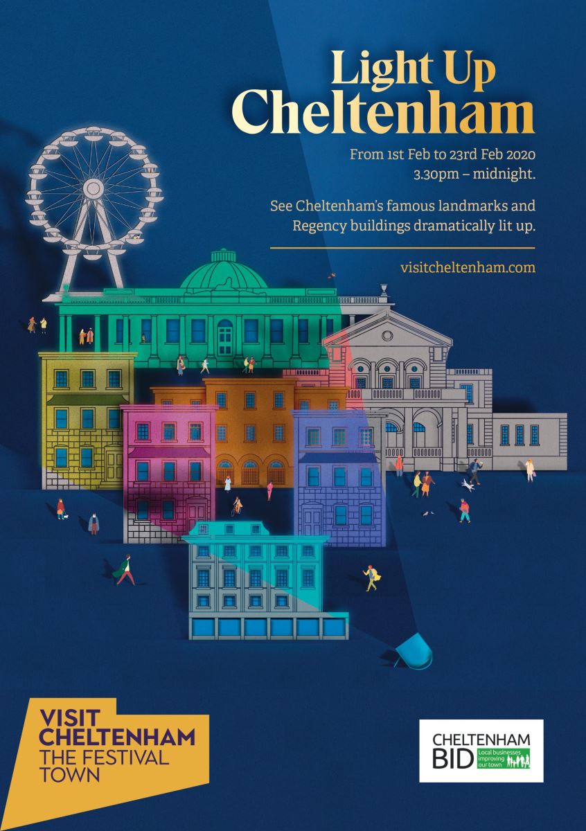 Light Up Cheltenham brochure front cover with illustration of Cheltenham buildings